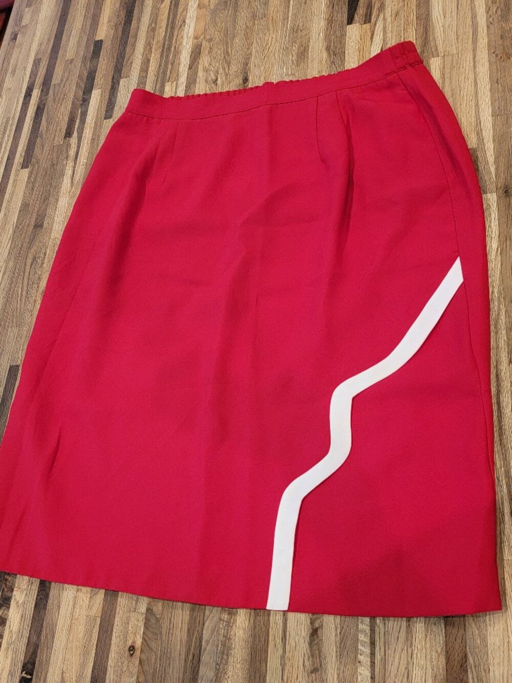 Red Below Knee Length Faux Wrap Career/Party Skirt with White Accent